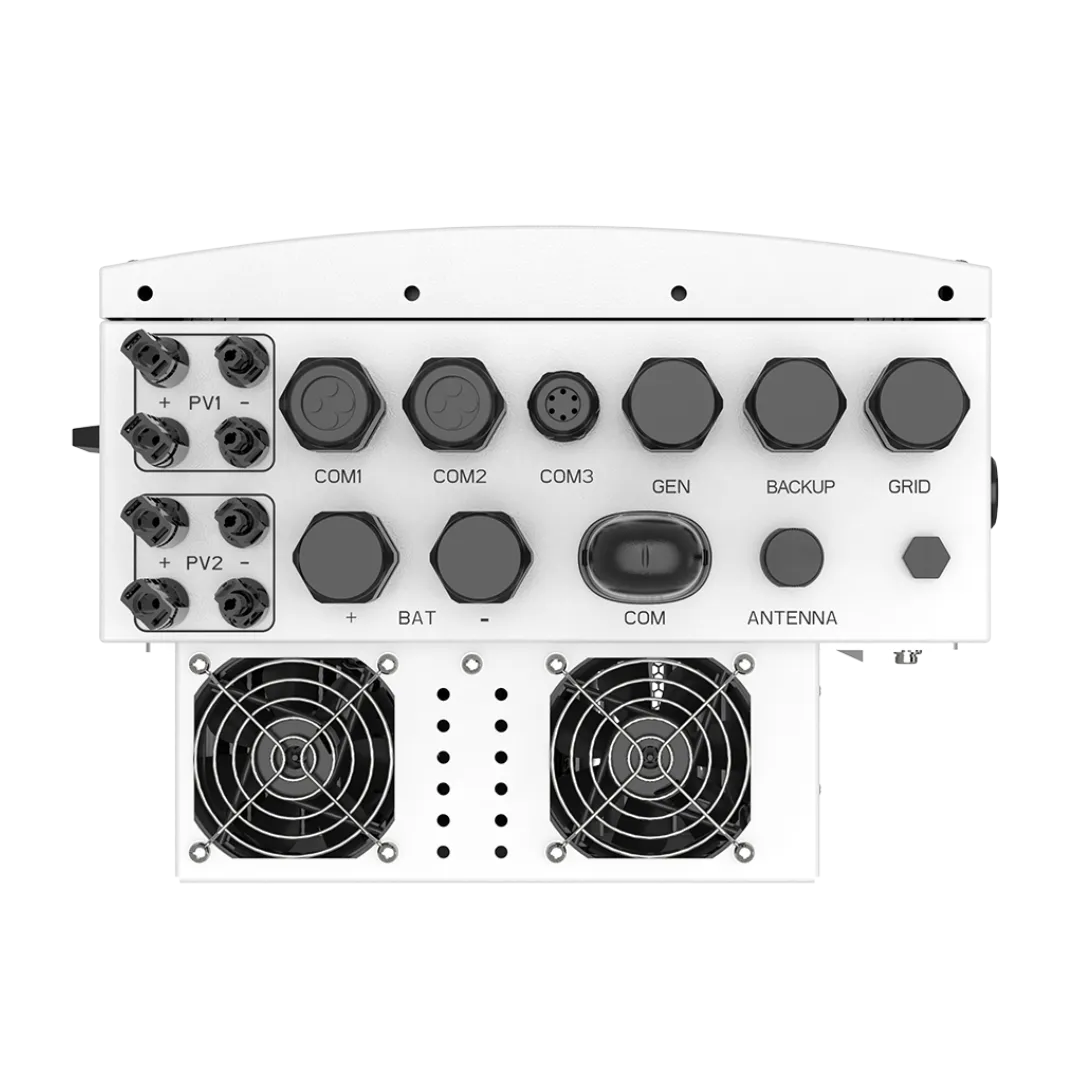 Bottom layout of Solis S6-EH1P10K-L-PLUS showing PV1, PV2, BAT, GEN, BACKUP, and GRID connection ports with dual cooling fans. Contact local dealers to find the best solis 10 kw inverter price in pakistan.