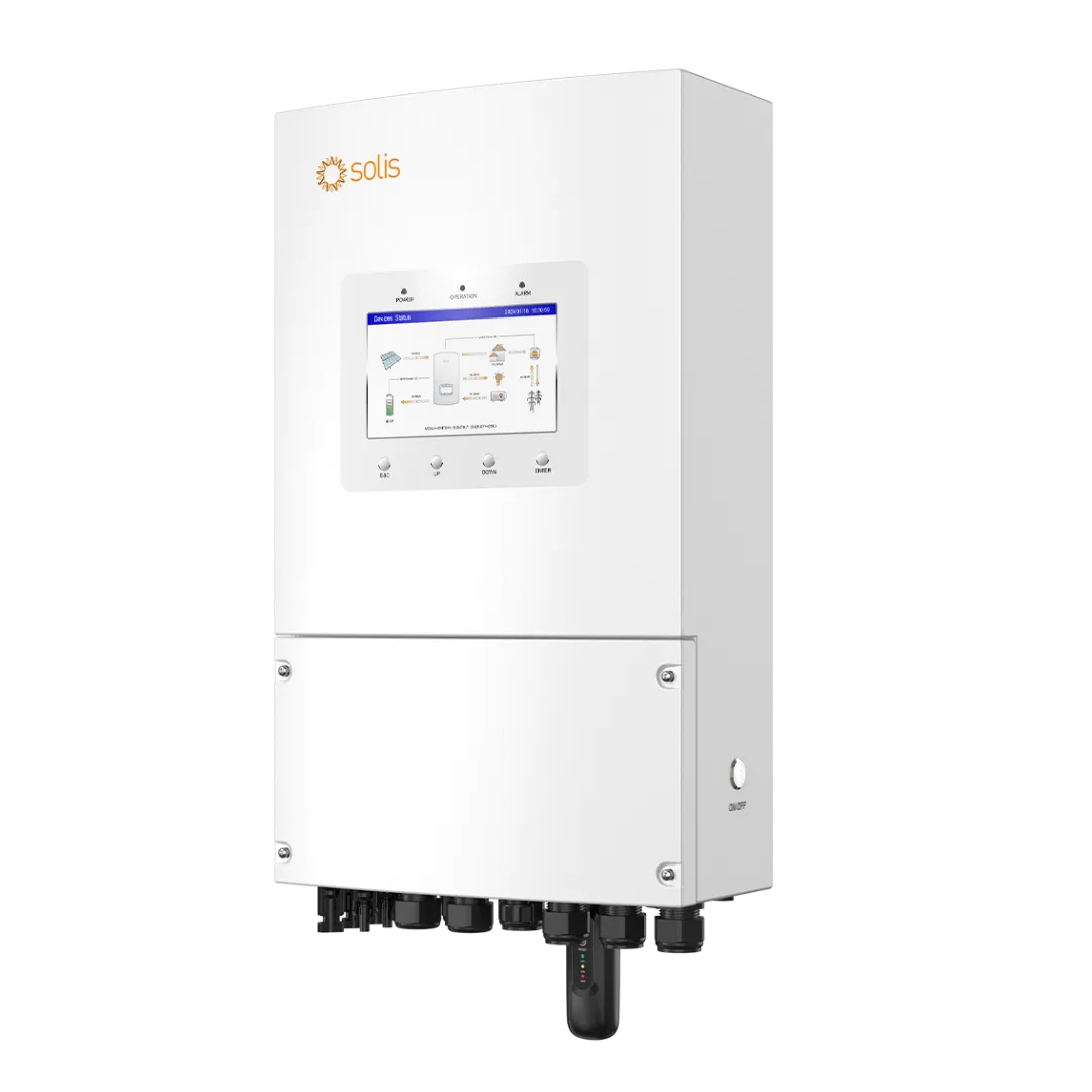 Solis 10kw inverter front isometric view showcasing the digital display screen and modern white chassis design. This Solis 10kw hybrid inverter provides high efficiency for residential solar setups, making the Solis 10kw solar inverter a premium choice.