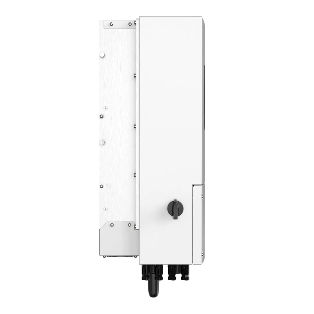Side view of Solis 10kw inverter showing the durable slim profile and the black DC switch component. Check the solis 10kw inverter datasheet for dimensions of this robust Solis 10kw single phase inverter.